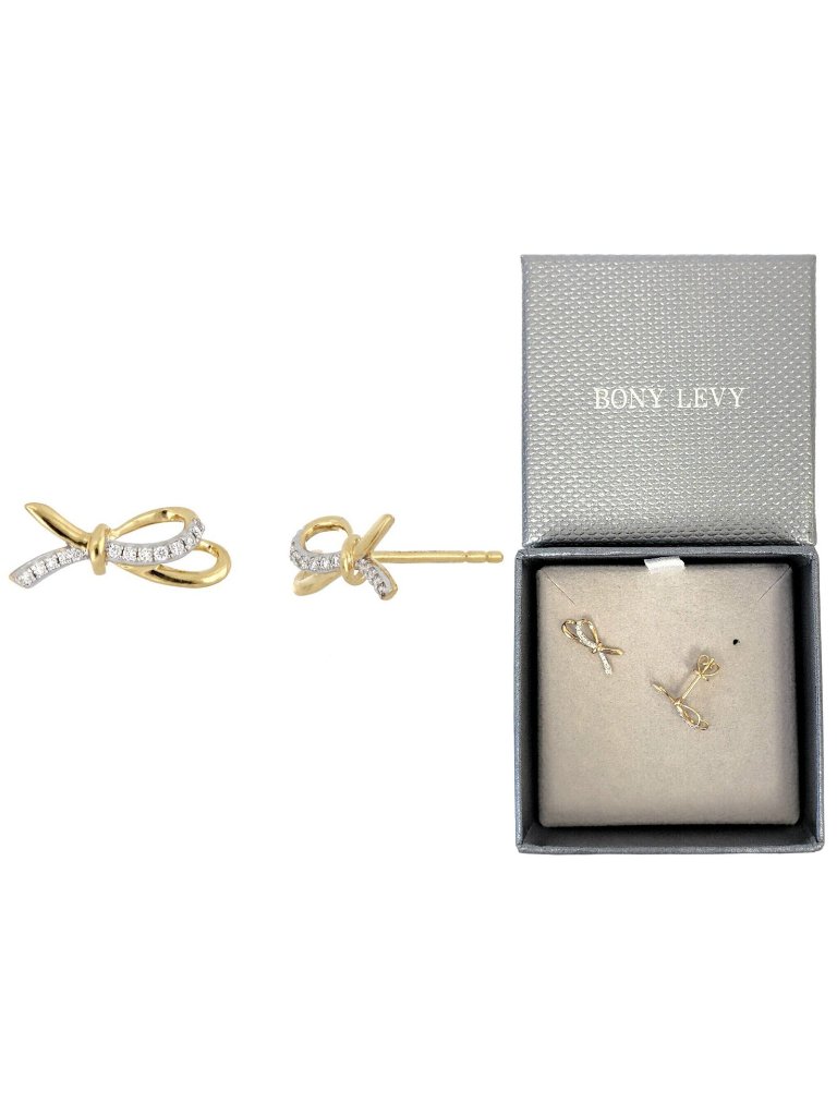 Bony Levy 18k Yellow Gold Pave Diamond Bow Stud Earrings 0.06 Ctw